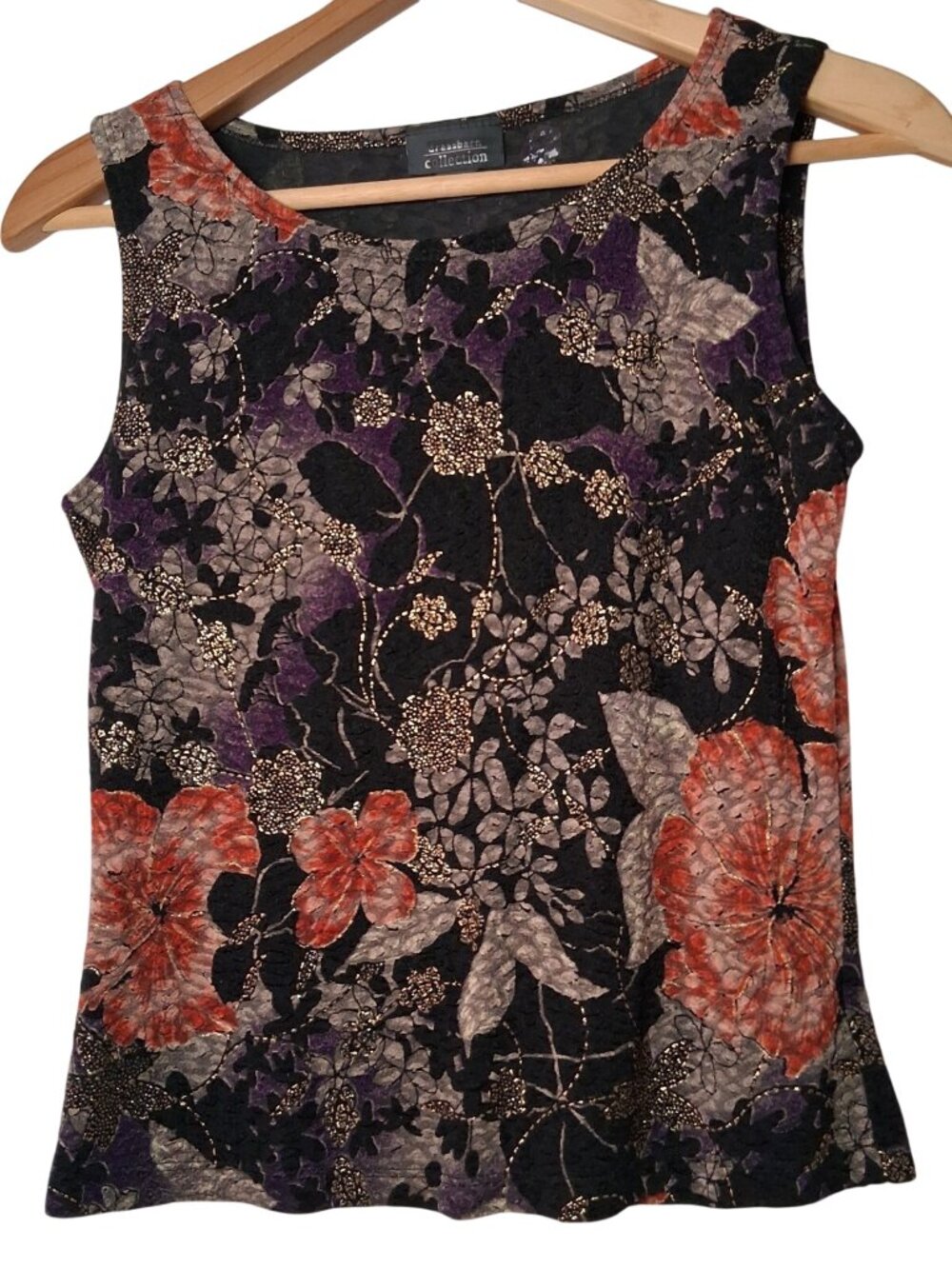 Vintgae Y2K Dressbarn Tank Top Small Black Floral Gold Metallic Stretch USA